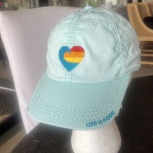 Life is Good sun washed wave rainbow heart strap back 100% cotton baseball hat